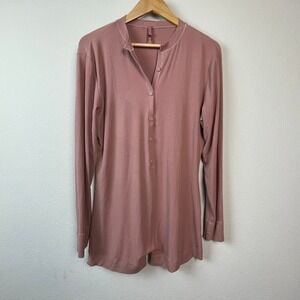 SKIMS Ribbed Long Sleeve Romper Womens 2X Rose Pink Comfy Button Front Lounge